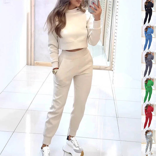 premium quality Stand Collar Sports Suit Fashion Pullover Long-sleeves Short Top And Slim Trousers With Pockets Solid Outfits Women's Clothing