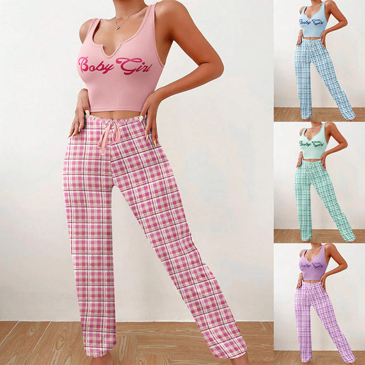 premium Spring Summer Women's Casual Pajamas Home Wear Vest Color Matching Plaid Trousers Letter Print Top Ladies 2 Pcs Home Clothes Sleepwear