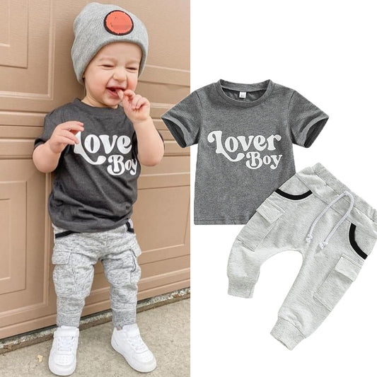 Baby Boy Short Sleeve Monogram Print T-shirt Gray Summer Clothing Set