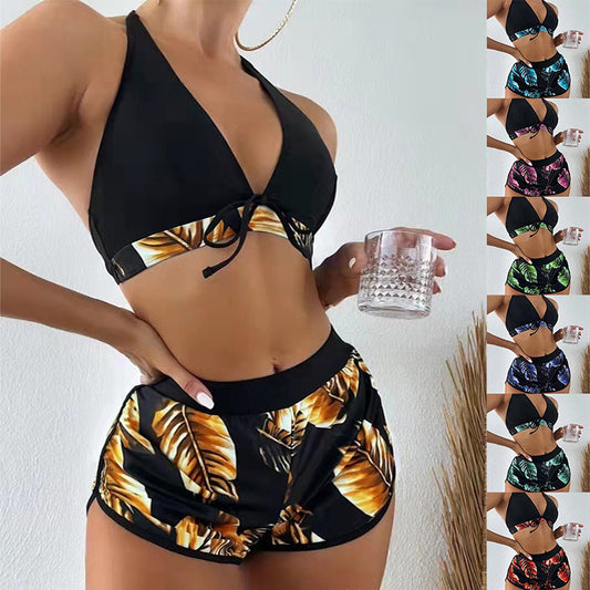 Leaf Print Bikini With Shorts Fashion Summer Beach Swimsuit Womens Clothing